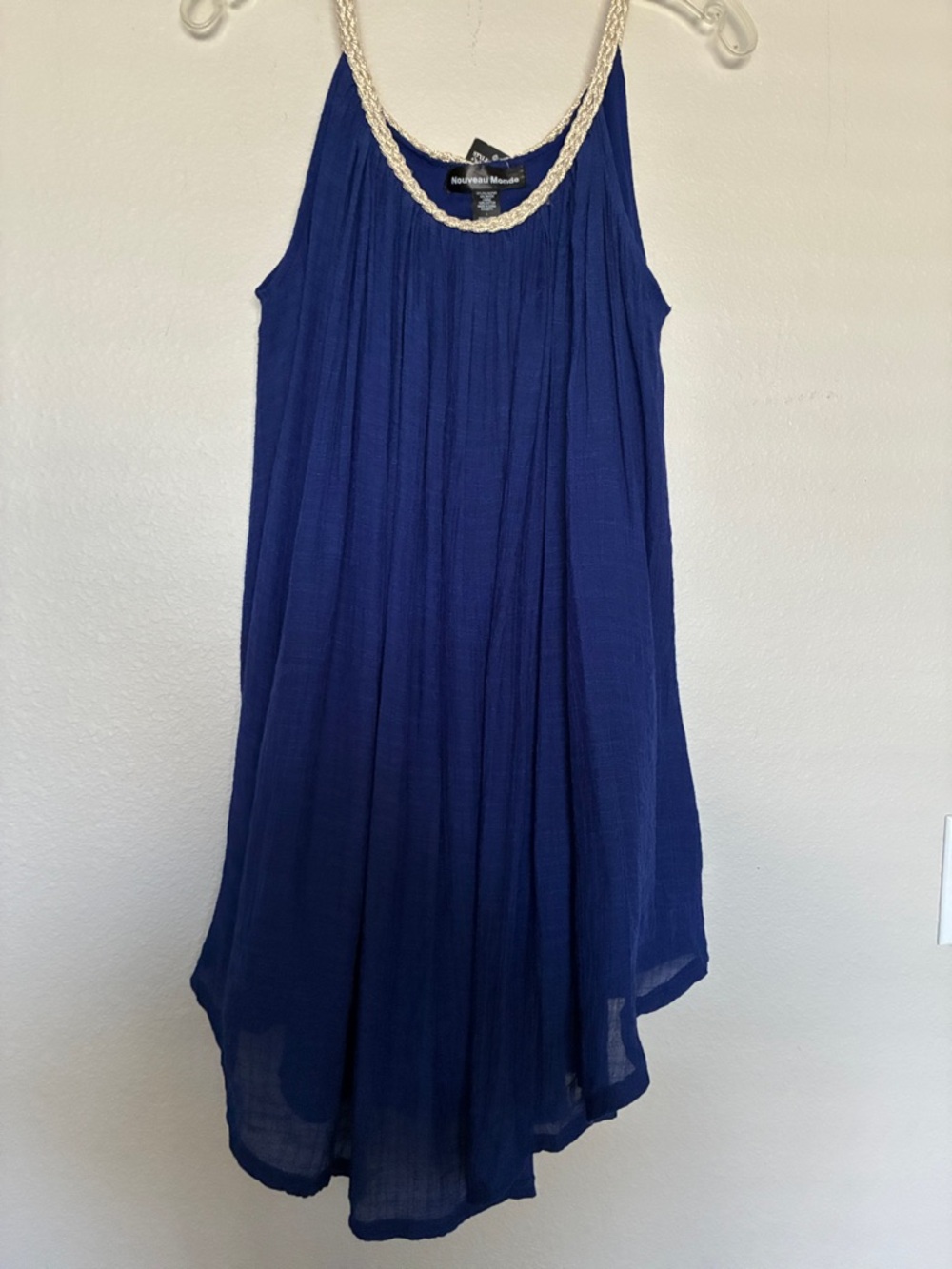 Nouveau Monde Royal Blue Sleeveless, Lined Tunic Dress Crochet Trim Size L, NWT